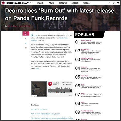 Deorro, Burn Out, Dancing Astronaut, Panda Funk, News