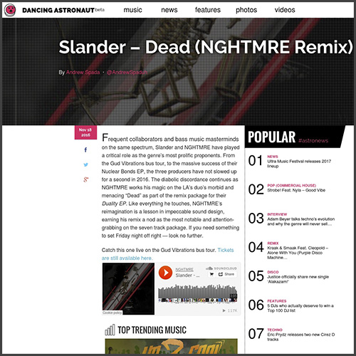 Slander, NGHTMRE, Duality EP, Mad Decent, Dancing Astronaut, News