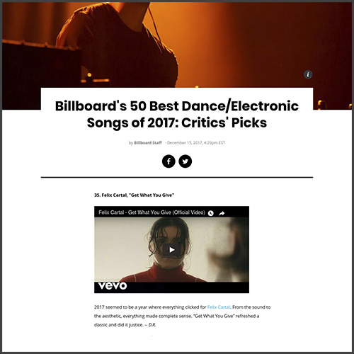 50 Best, Billboard, Felix Cartal, Get What you Give, Best Songs Of 2017, News