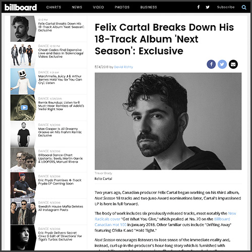 Felix Cartal, Nex Season, Album, Billboard, News