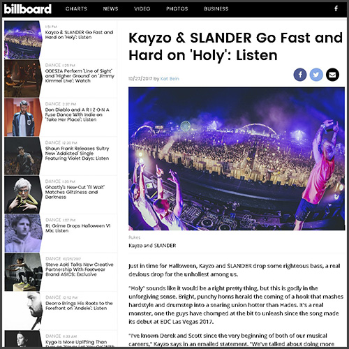 Kayzo, SLANDER, Billboard, Holy, News