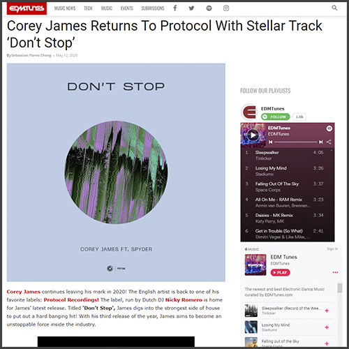 Corey james, Protocol Recordings, edmtunes, News