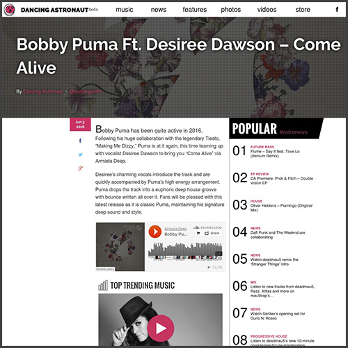 Dancing Astronaut, Bobby Puma, Come Alive, Armada Music, News