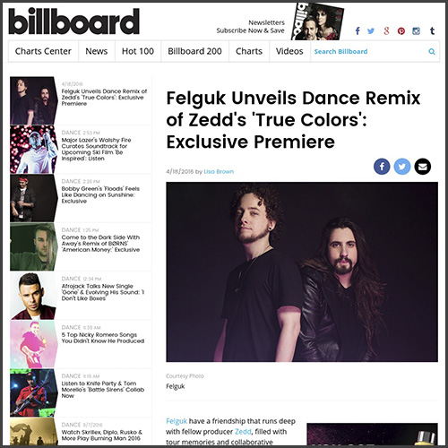 Billboard, Zedd, Felguk, True Colors, News