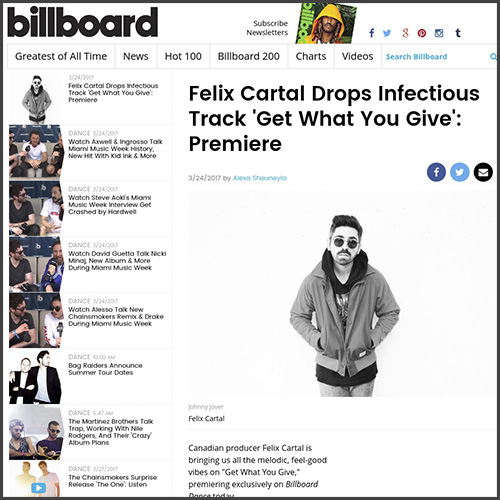 Felix Cartal, Billboard, Get What You Give, News