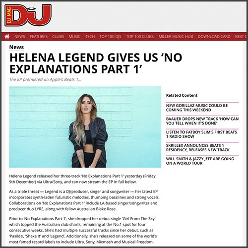 Helena Legend, DJ Mag, No Explanations, Sony Music, Ultra Music, News
