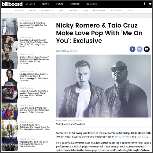 Billboard, Me On You, Nicky Romero, Taio Cruz, News