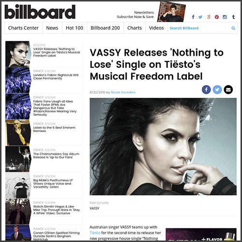 VASSY, Billboard, Tiesto, Musical Freedom, Tomorrowland, Nothing To Lose, News