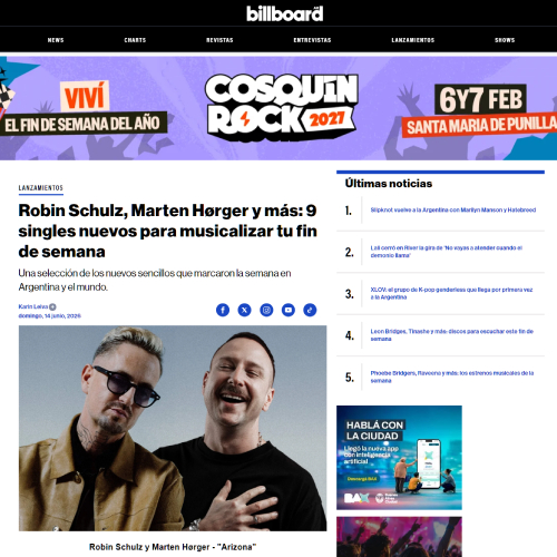 Robin Szulz, Marten Horger, Billboard Argentina, News