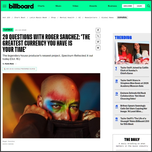 Roger Sanchez, Billboard, News